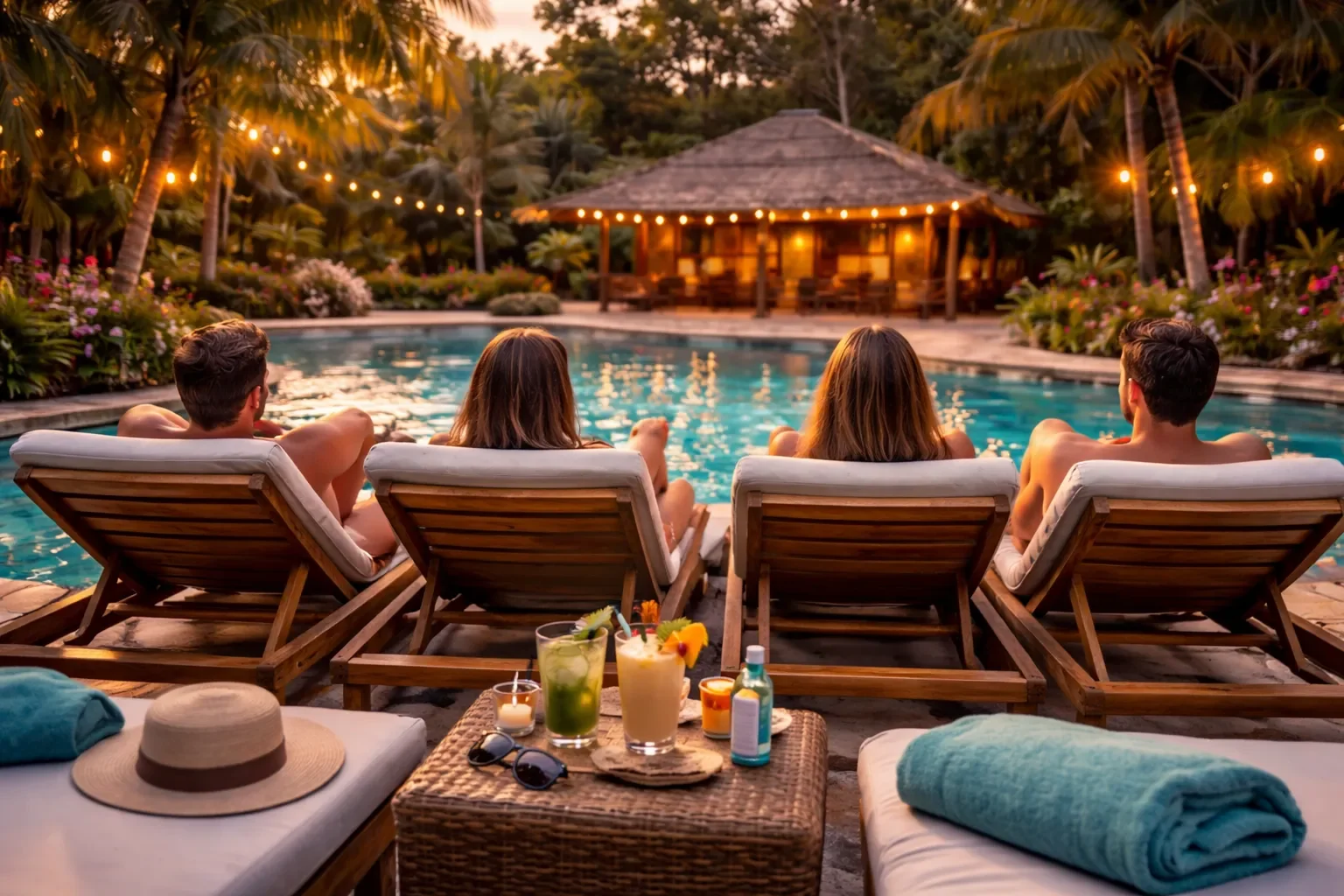 Friends relaxing on loungers beside a resort pool