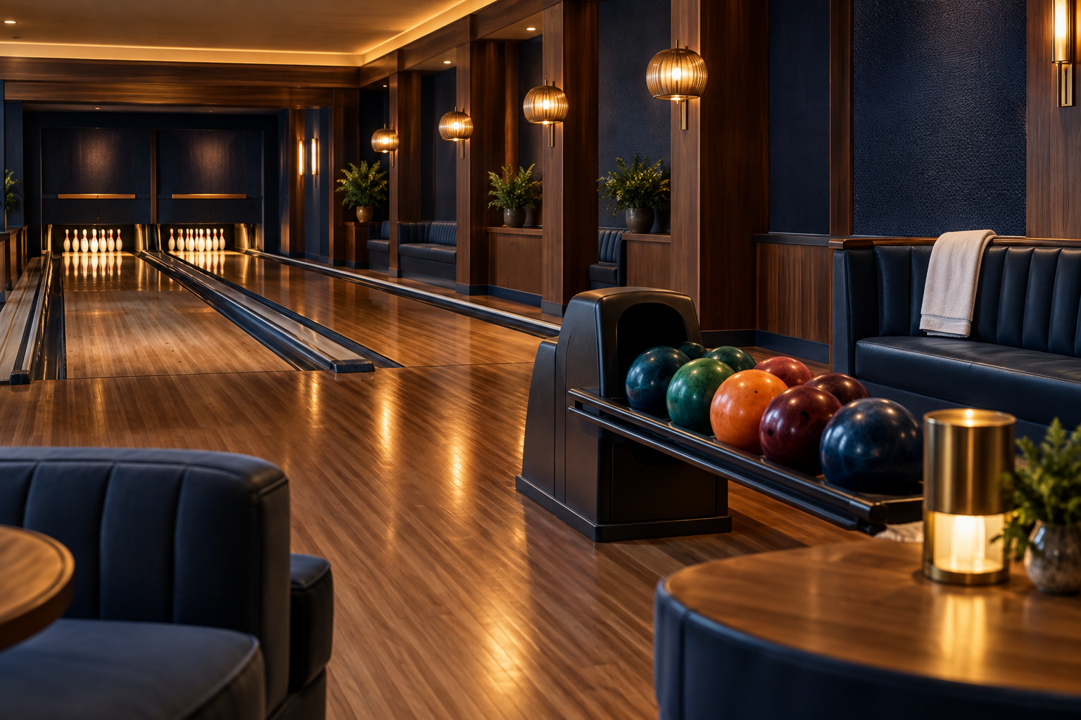 Imagined private bowling venue with polished lanes, bowling balls and a folded seating towel; no people shown